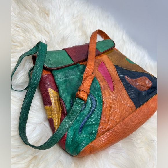 Vintage Sharif 1980s Genuine Leather and Snake Color-blockShoulder Bag - Picture 14 of 17